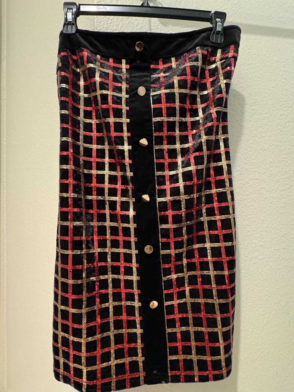 Blue Blush Black Velvet Strapless Dress with Gold and Red Sequined Plaid Pattern